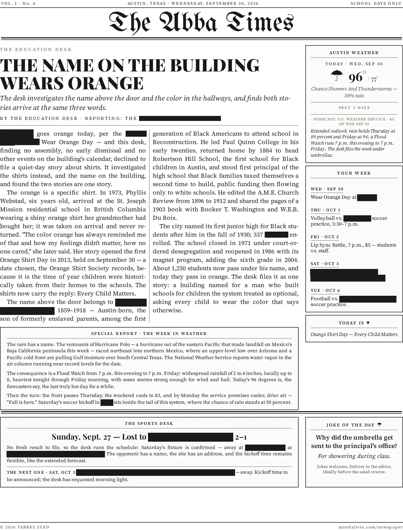 Vol. I, No. 4 of The Abba Times, Wednesday, September 30, 2026. The lead story connects Orange Shirt Day to the history of the man her school is named after. The rail holds Austin weather, her week, and the day's observance; the bottom row holds a weather special report, the sports desk, and the joke of the day.