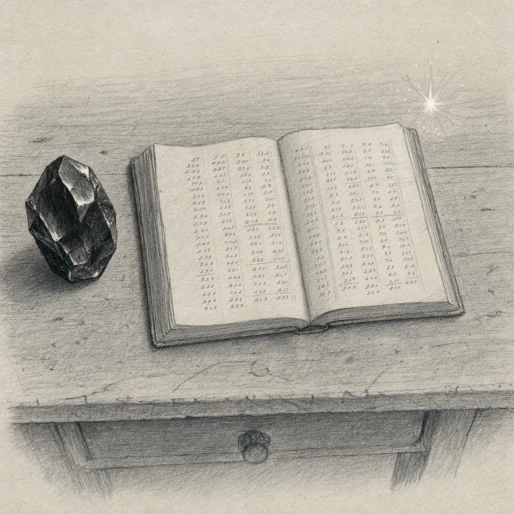 Illustration for plain-text personal finance in Obsidian with hledger and Claude Code — a pencil-sketched writing desk with a crystalline Obsidian gem, an open ledger book, and a small luminous spark