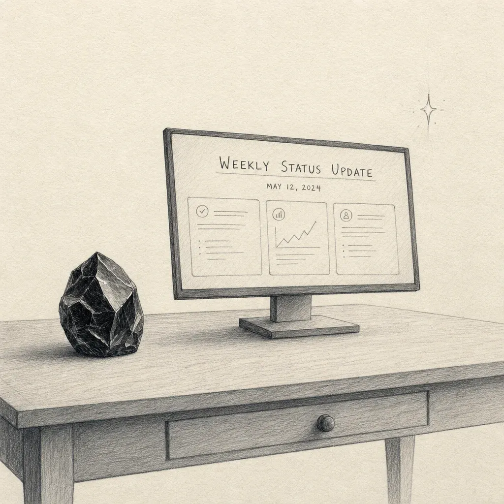 Illustration for building markdown slide decks in Obsidian with Marp and Claude Code — a pencil-sketched wooden desk with an Obsidian crystal, a flat-panel monitor on a stand showing a slide deck titled "Weekly Status Update", and a small luminous spark in the upper right