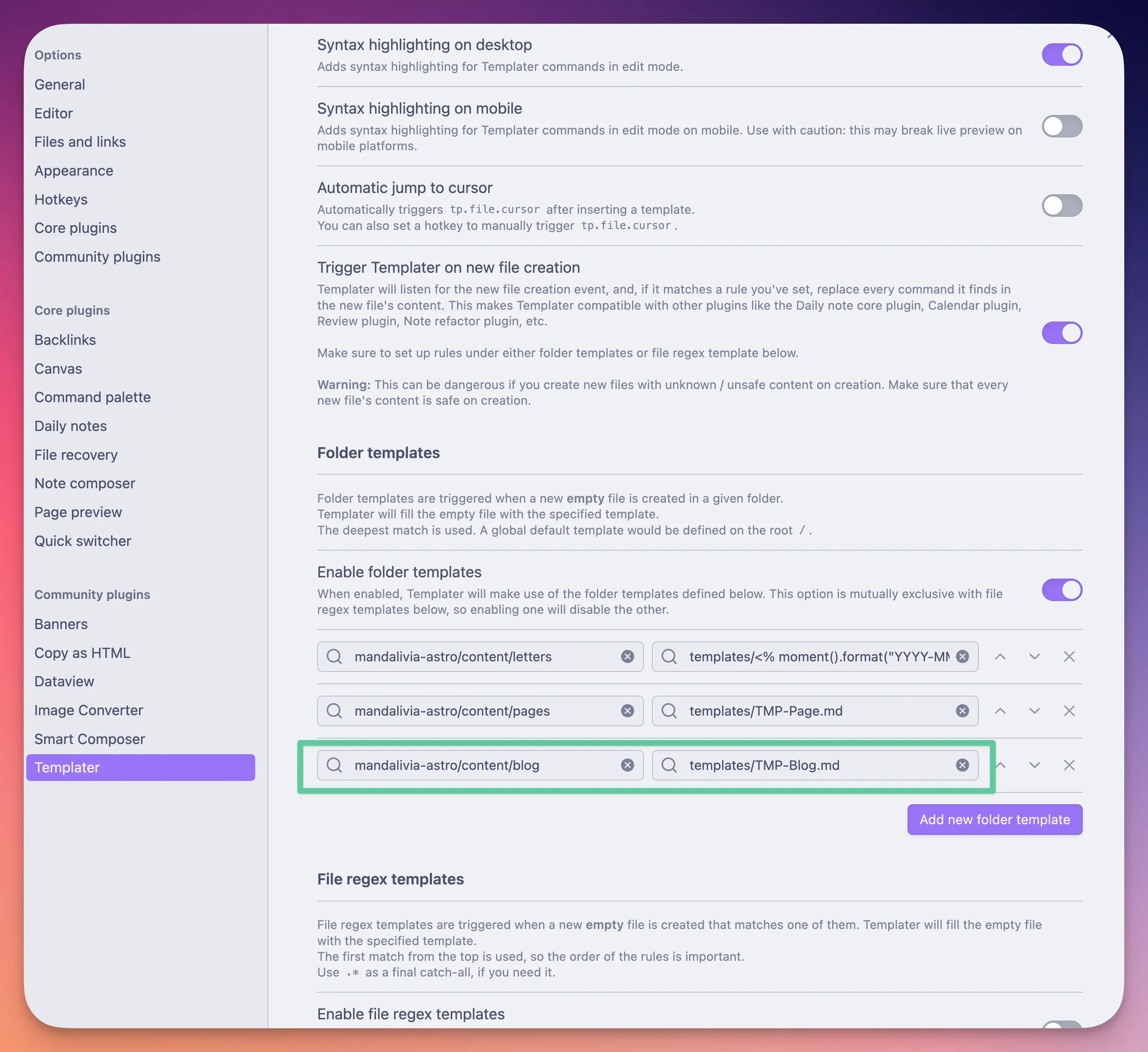 Obsidian file explorer showing symlinked content and assets folders